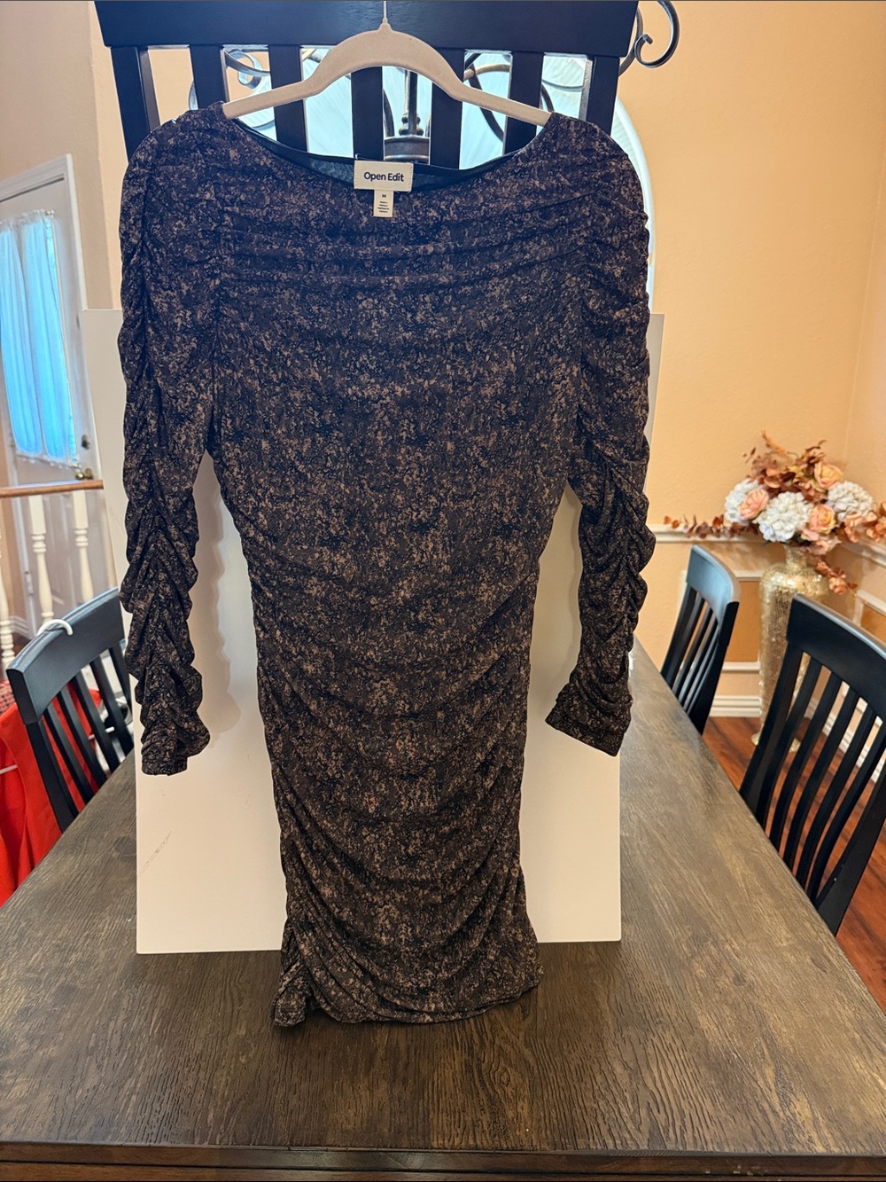 Open Edit Women's Long Sleeve Ruched Metallic Black Dress stretchy material